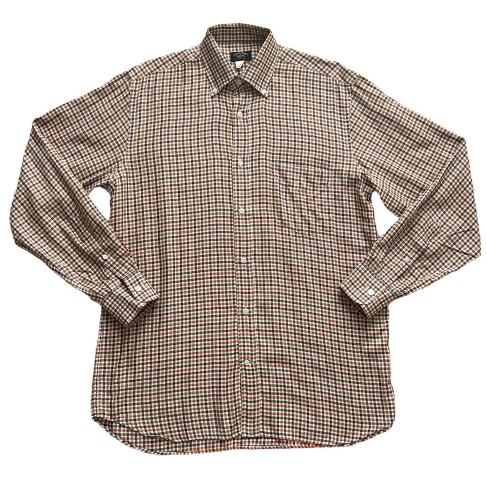PAUL & SHARK Yachting Shirt Medium Brown Orange Gold Plaid Button Down Cotton